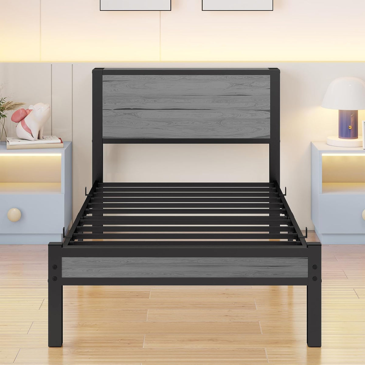 DUMEE Eenpersoonsbedframe met opslag houten hoofdeinde, 3FT metalen bedframe eenpersoonsbedbasis/matrasstichting, verbeterde ondersteuning geluidsvrij, getextureerd zwart+grijs eiken