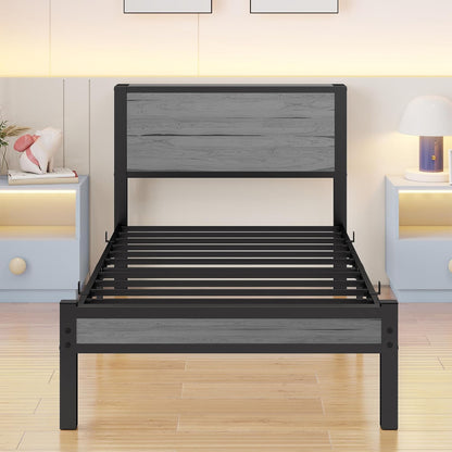 DUMEE Eenpersoonsbedframe met opslag houten hoofdeinde, 3FT metalen bedframe eenpersoonsbedbasis/matrasstichting, verbeterde ondersteuning geluidsvrij, getextureerd zwart+grijs eiken