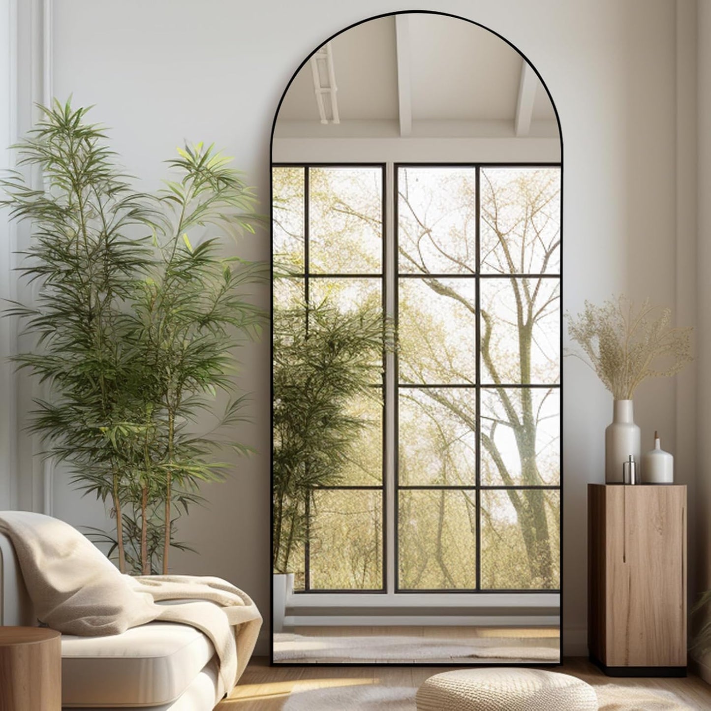 Grote Staande Spiegel – Vloerspiegel – Wandspiegel – Full Body Spiegel – Staande Spiegel – Nano-Glas Schokbestendig – Zwart Aluminium Boogframe Goudkleurig 192x85 cm