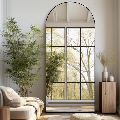 Grote Staande Spiegel – Vloerspiegel – Wandspiegel – Full Body Spiegel – Staande Spiegel – Nano-Glas Schokbestendig – Zwart Aluminium Boogframe Goudkleurig 192x85 cm