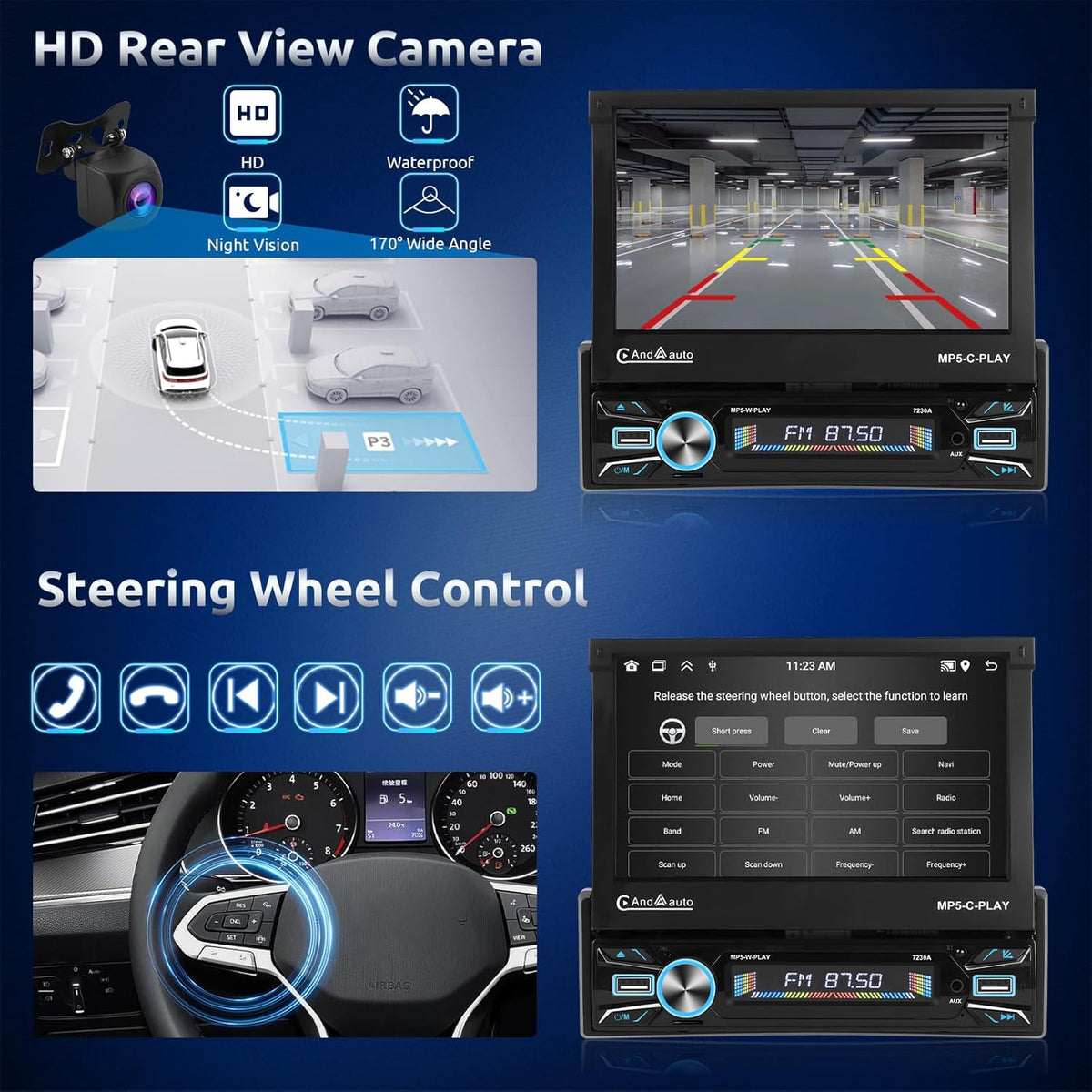 【2+64G】Podofo Android-autoradio 1Din met 7'' touchscreen Automatisch scherm Draadloos Carplay/Android Auto Bluetooth 5.1 FM/RDS 2USB/MIC/Type c/AUX/Stuurbediening met AHD achteruitrijcamera