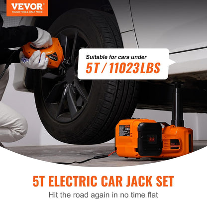 VEVOR 5T 12V DC elektrische hydraulische auto krik automatische lift 155-450 mm heffen Jack met slagmoersleutel LED Lamp Tyre Inflator voor langs de weg band wisselaar SUV Hatchback