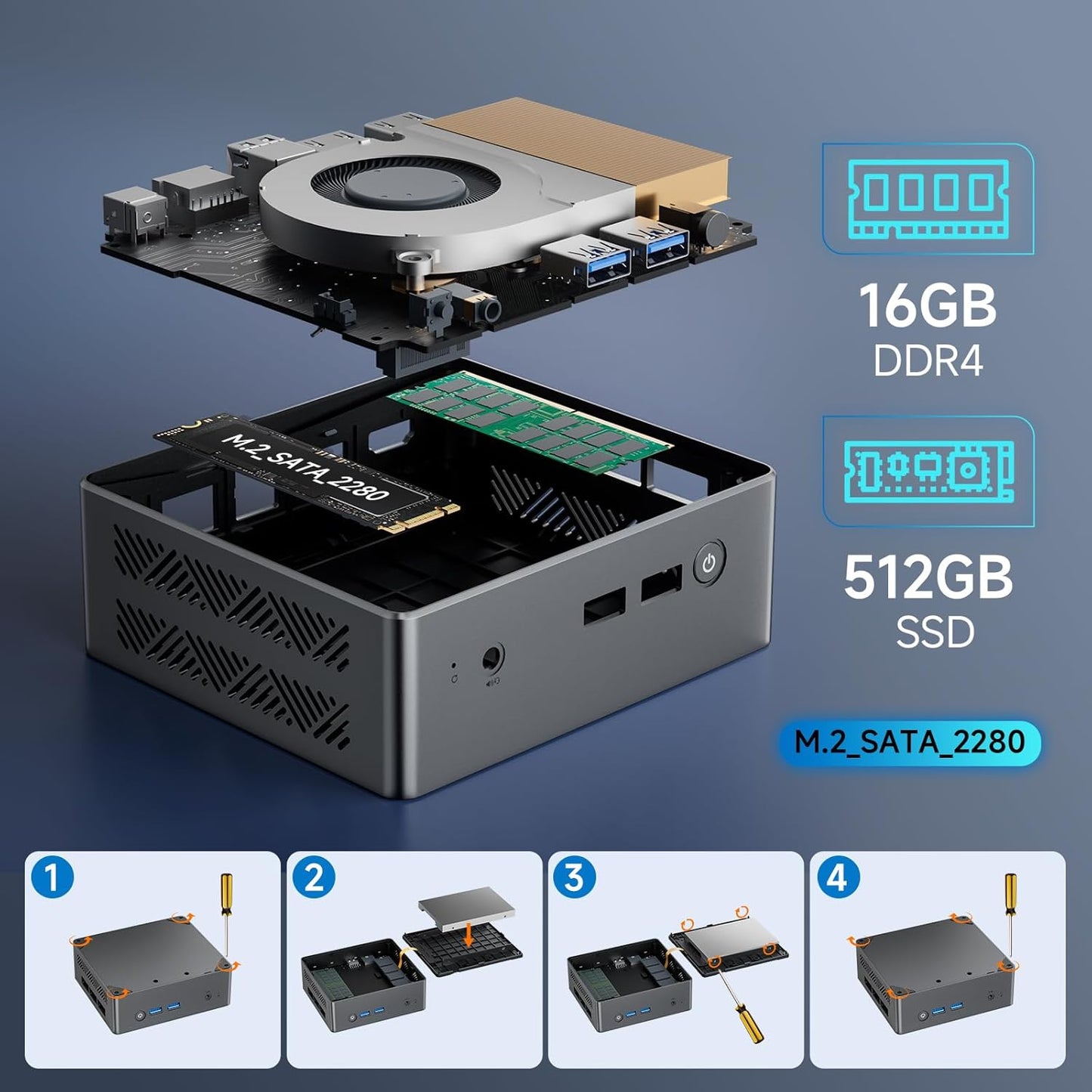 BMAX Mini PC Intel N97 (tot 3,6 GHz) 16 GB DDR4 RAM 512 GB M.2 SSD Win 11 Pro Mini Desktop B4Pro Mini PC Sobremesa HDMI/WiFi 5/BT4.2/USB3.2 Dual Display Tower PC met VESA voor School/Kantoor.