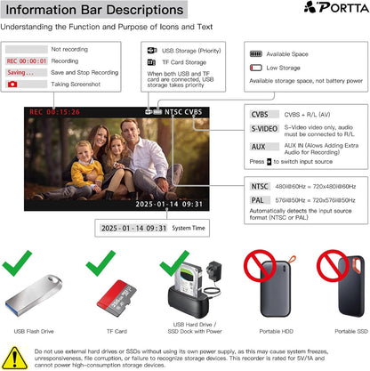 PORTTA VHS naar digitale converter, video naar digitaal recorder met afstandsbediening, compatibel met VHS, videorecorder, DVR, DVD, Hi8, Mini DV, camcorder, cassettetape, gameconsoles