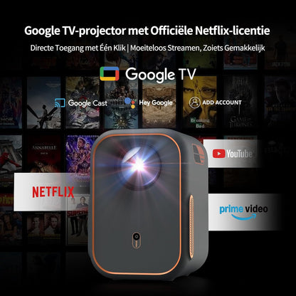 WEMAX Mini Projector【Netflix Gecertificeerd & Google TV】Draagbare Projector【4K Ondersteuning & 1080P Native】Slimme Projector met Dolby Audio, Video Projector met WiFi/Bluetooth voor Home Cinema,Buiten