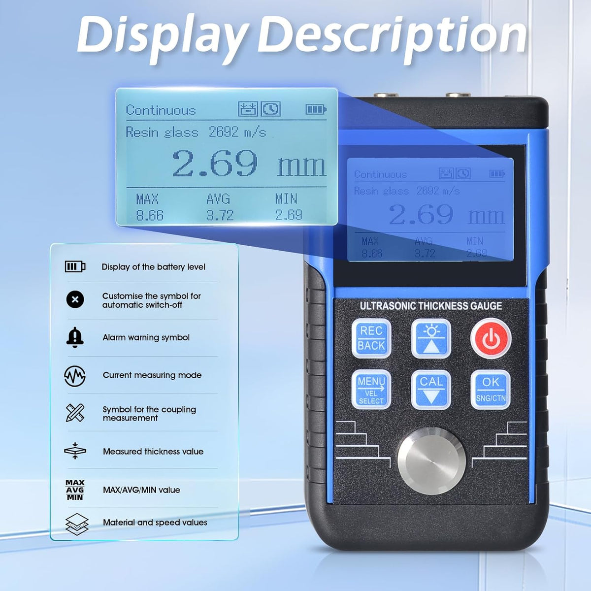 Digitale ultrasone diktemeter, diktemeter met 1,2-200 mm bereik/0,1 mm resolutie, nauwkeurige dieptemeter met 10 geluidssnelheidsmetingen
