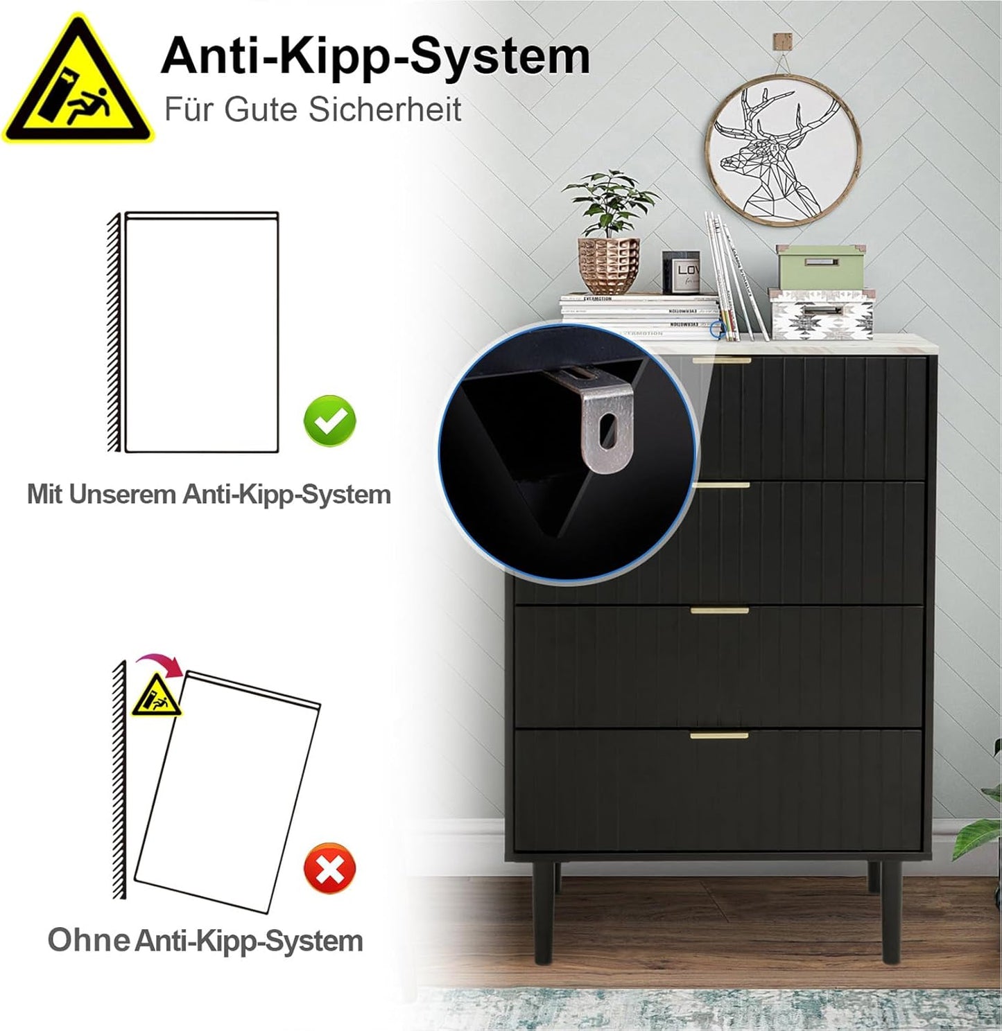 Ladekast – Dressoir – Opbergkast – Commode – Ladekast met 4 Laden – Scandinavisch Design – Kleurig Marmeren Blad – 60x34x93 cm – Zwart Hout en IJzer