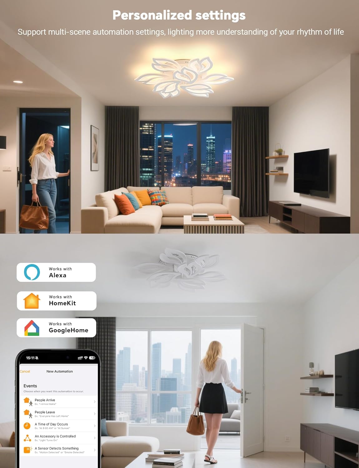 Plafondlamp met afstandsbediening, dimbare woonkamerlamp met Matter compatibel met HomeKit, Alexa, Google en IFTTT, 120W moderne LED-plafondlamp voor slaapkamer en woonkamer (Ø84cm, wit)