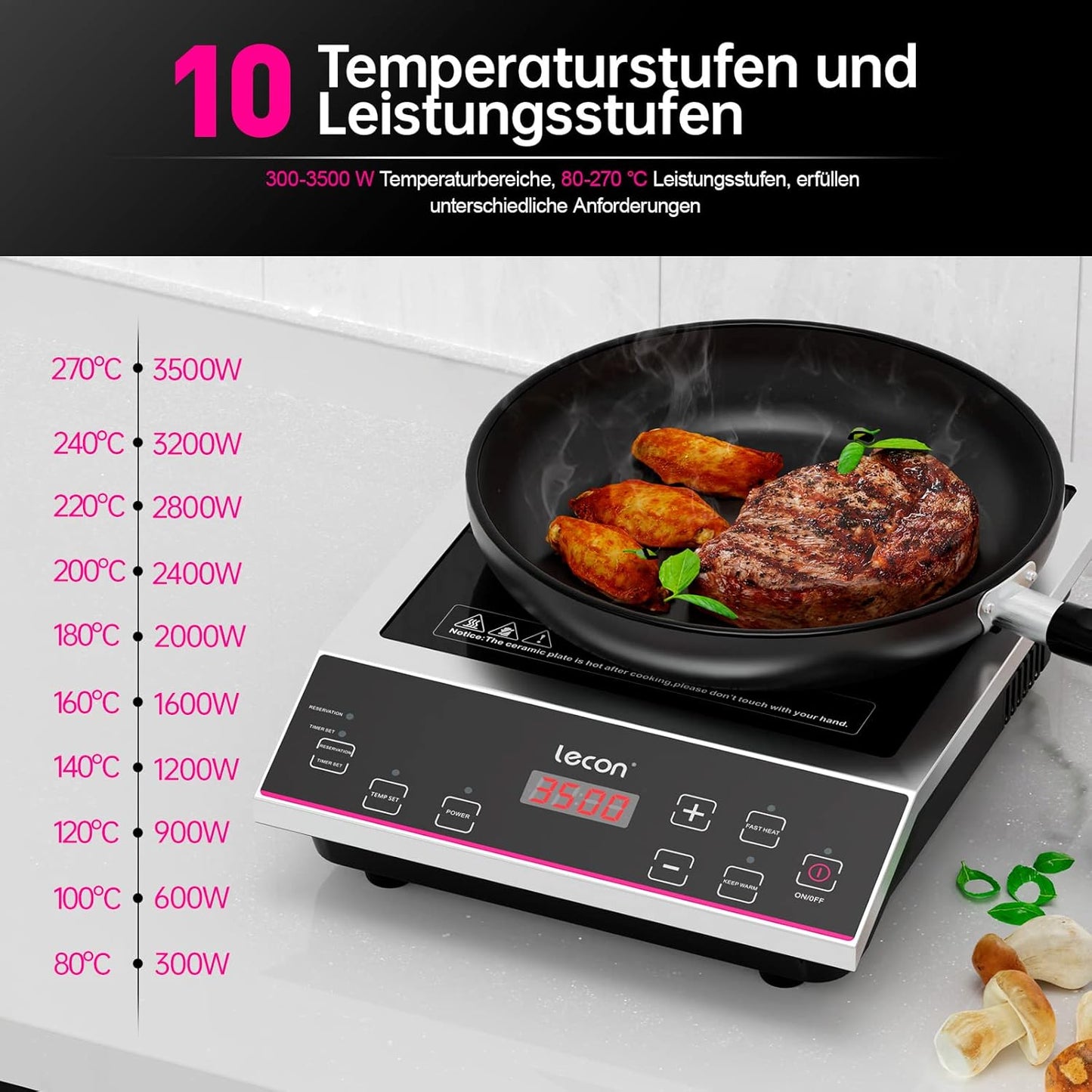 Lecon Inductiekookplaat, 3500 W, met timer, isolatie, 50 kg drukvermogen, roestvrijstalen behuizing, temperatuurregeling
