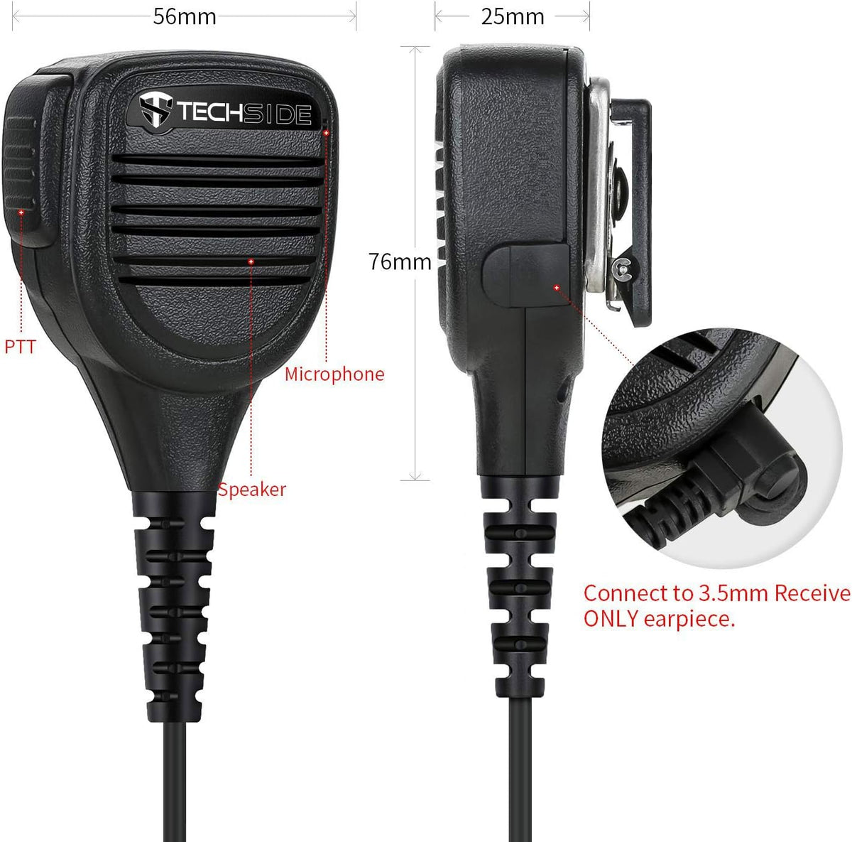 TechSide Kenwood Luidsprekermicrofoon, waterdicht, 2-polig, jack 3,5 + draaibare clip voor radio-ontvanger, compatibel TS-T9+ TI-F8+ Midland G10 G11V CT210 BaoFeng UV5RA UV-82 (5 stuks)