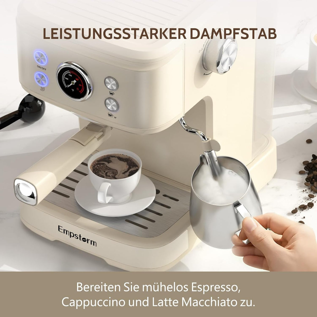 Empstorm Espresso Filtermachine met melkopschuimer, 20 bar, espressomachine met zeefhouder, 2-in-1 Expresso machine voor poeder en capsules, 1,5 l waterreservoir, zeefhouder, koffiezetapparaat, wit
