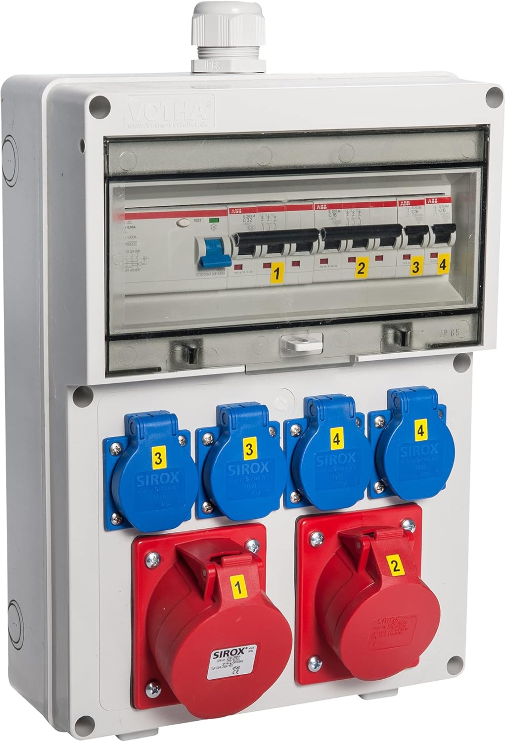 VOTHA Wandverdeler "WÜRZBURG" | Bedrade stekkercombinatie voor wandmontage | CEE 32 A & 16 A + 4x 230 V | FI-veiligheidsschakelaar & LS-schakelaar | IP54 | afsluitbare macroon-afdekking