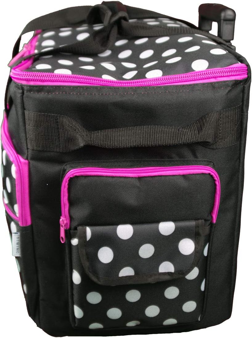 Trolleytas voor naaimachine met wielen – Naaimachinetas – Transporttas – Opbergtas – Beschermtas – Zwart met Witte Stippen en Roze Rand – 53 x 41 x 29 cm – Dubbele Wielen en Uitschuifbare Vergrendelbare Telescoopgreep