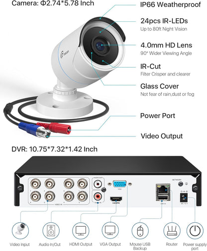 Loocam 8-Kanaals 1080P CCTV Camera Systeem met AI Mens/Voertuigdetectie, 5MP Lite H.265+ DVR Recorder en 4x 2MP Beveiligingscamera's Binnen/Buiten, Nachtzicht, Extern Toegang, ZONDER Harde Schijf