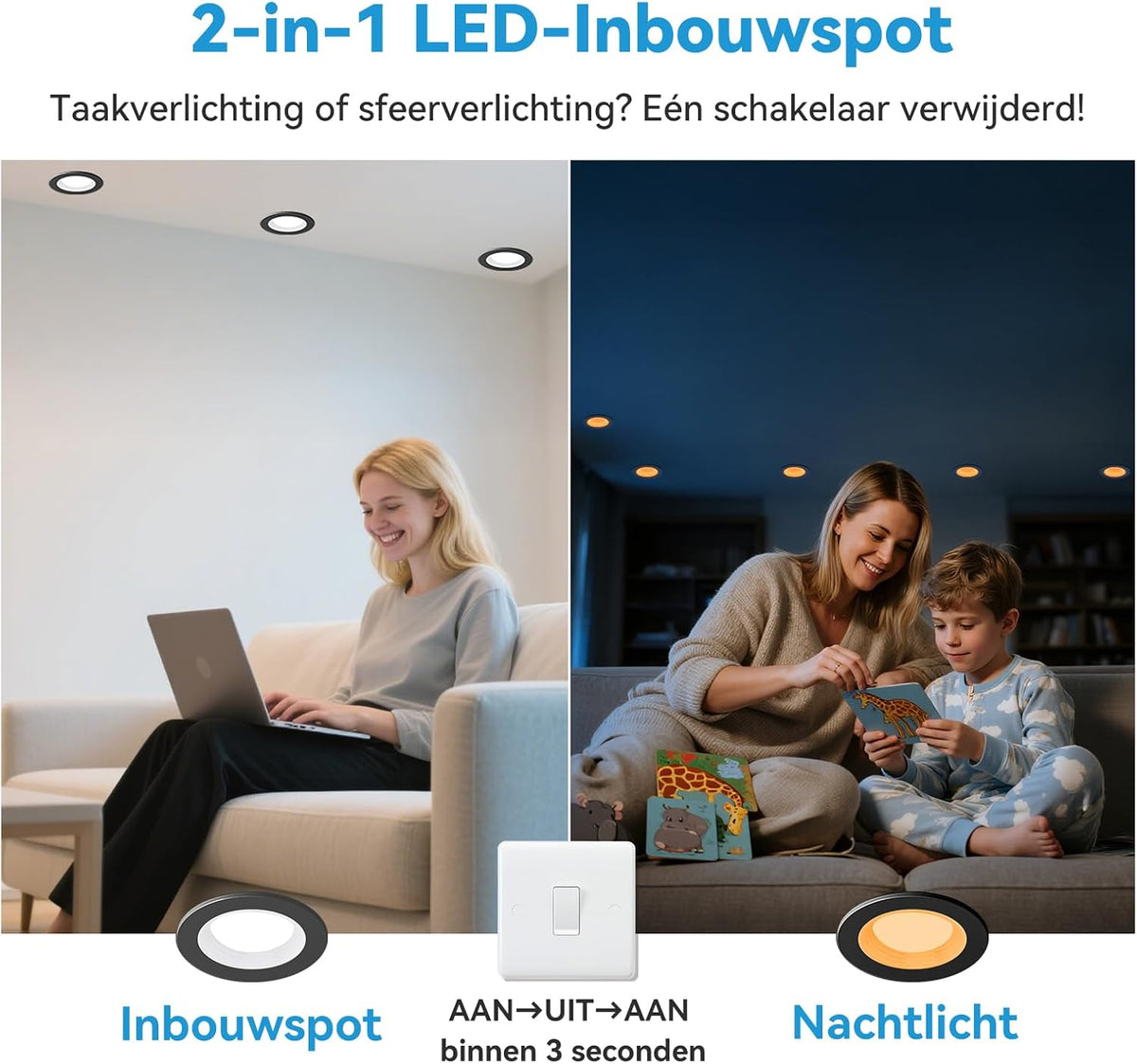 KEELED Zwarte Inbouwspots voor Plafond, Inbouwverlichting met Nachtlampfunctie, 230V, 6W, 3 kleurtemperaturen 3000K/4000K/6000K selecteerbaar, 70-85mm inbouwgat, 24 stuks
