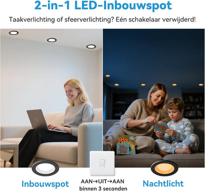 KEELED Zwarte Inbouwspots voor Plafond, Inbouwverlichting met Nachtlampfunctie, 230V, 6W, 3 kleurtemperaturen 3000K/4000K/6000K selecteerbaar, 70-85mm inbouwgat, 24 stuks