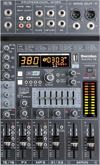 16-Kanaals Mixer – Mengpaneel – Mengtafel – Audio Mixer – Geluidsmixer – Bluetooth en USB – 380 Digitale Effecten