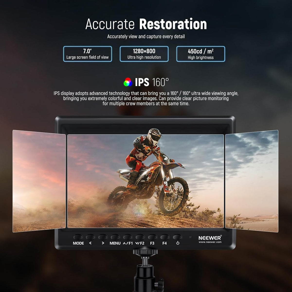 NEEWER F100 7 Inch Camera Field Monitor, 450nit HD Video Assist IPS 1280x800 HDMI 1080p met piekfocus/histogram/F750 batterij, 360° kogelkop voor DSLR's, Handheld Stabilisator, Film Video Making Rig