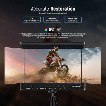 NEEWER F100 7 Inch Camera Field Monitor, 450nit HD Video Assist IPS 1280x800 HDMI 1080p met piekfocus/histogram/F750 batterij, 360° kogelkop voor DSLR's, Handheld Stabilisator, Film Video Making Rig