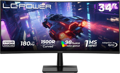 LC-POWER LC-M34QC 34 inch (86,36 cm) gebogen gaming monitor - Ultra WQHD 3440 x 1440, 180 Hz, 1ms MPRT, 1500R, VA, HDR10, Adaptive Sync, HDMI/DP, zwart