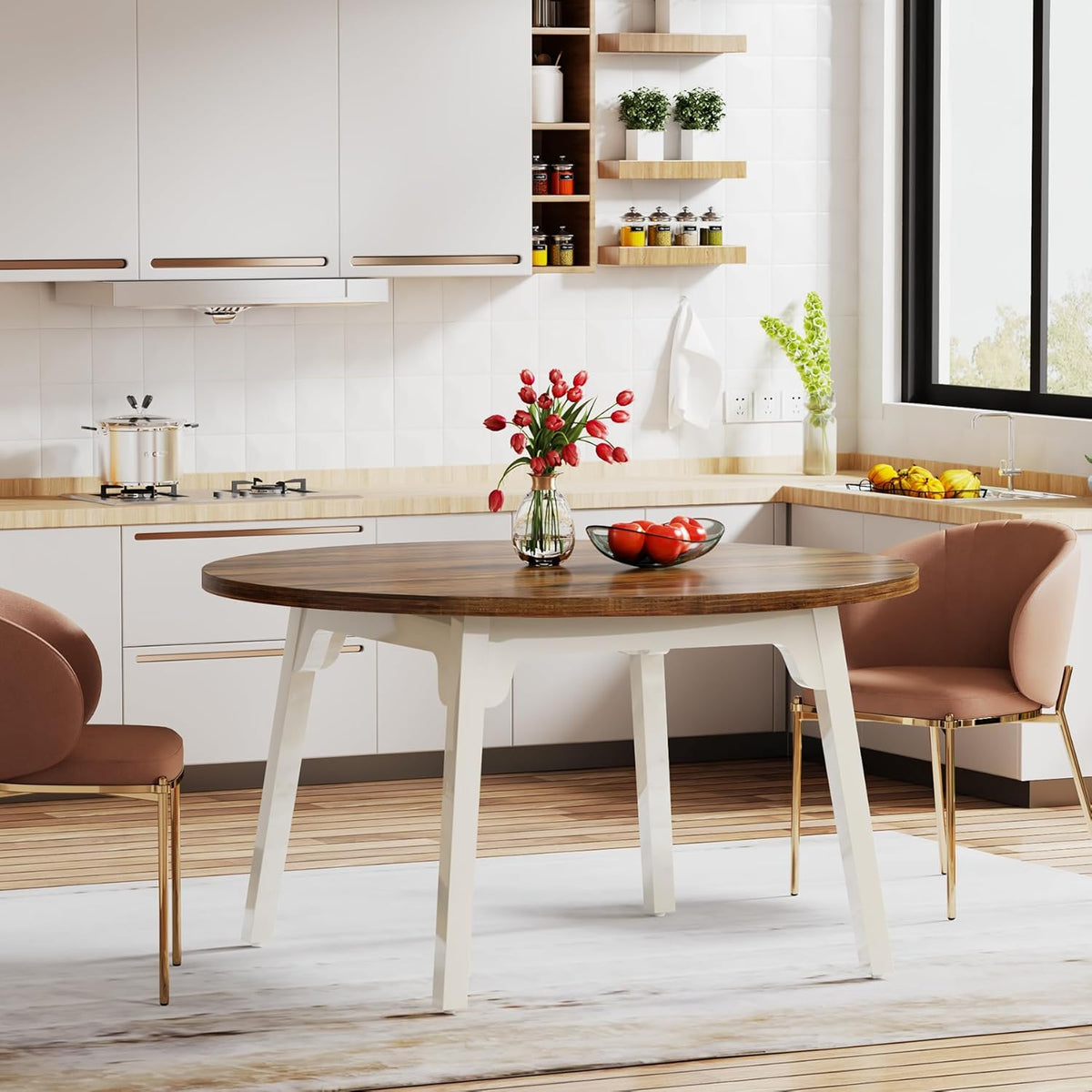 Tribesigns 120 cm ronde eettafel voor 4-6 personen, keukentafel met massief houten poten voor woonkamer, keuken, eetkamer, wit en rustiek bruin