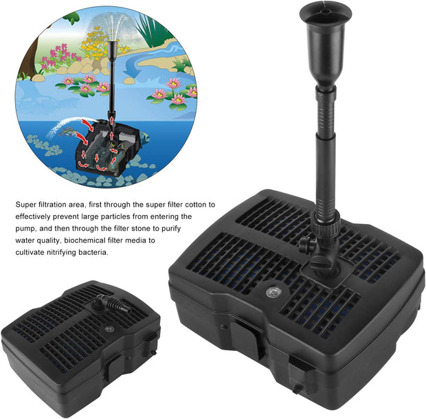 4 in 1- Vijverpomp - Fontein - Waterpomp - Fonteinpomp - voor Tuinornament - Fontein Ontwerp - met Filter - 9W - UV-zuiveringsfilter - 2500L Capaciteit - 1000 l/h - 28 W - 1.6m Hefhoogte - 220-240V - 50 Hz - 30 x 23 x 56.5 cm - Zwart