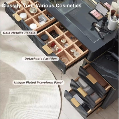 dressing tables Large modern vanity table with mirror and lighting with 5 drawers and storage shelves and dressing table toilet table(Noir) - QUORE