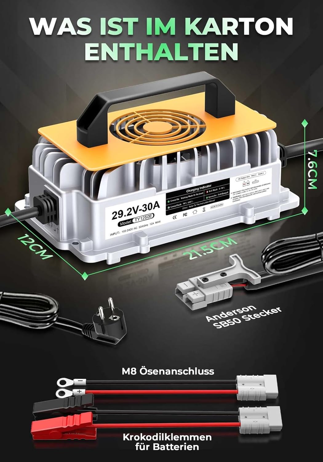 LiFePO4 Batterijlader – Lithium Acculader – 24V Batterijlader – Camper Lader – Boot Lader – 29,2V 30A Krachtige Laadstroom – 0V Wake-Up Functie Veiligheidsbescherming