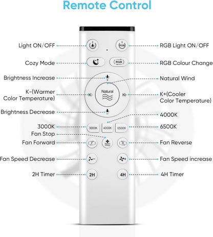 46 cm plafondventilator met verlichting en afstandsbediening, stil, 6 snelheden, lamp met ventilator, 3000K-6500K & RGB-achtergrondverlichting, plafondlamp met ventilator voor de slaapkamer