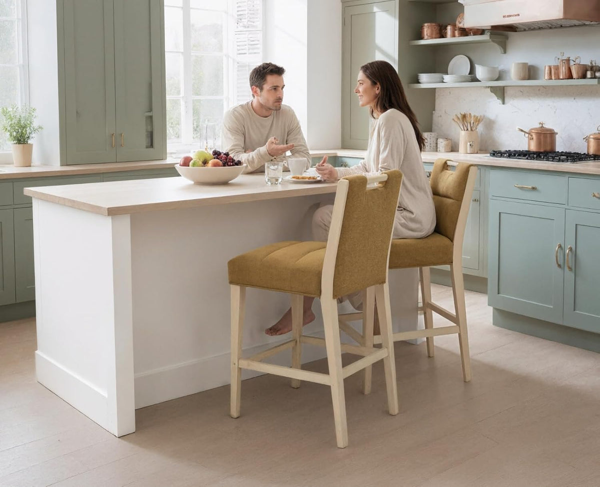 chairus Bar Stools, Set of 2 Kitchen Stools, Upholstered Breakfast Bar Chairs with Wooden Legs, Yellow - QUORE