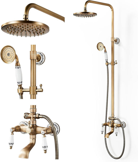 Douchesysteem, antiek messing, complete set, retro goud, vintage keramische stijl, doucheset met armatuur met 8 inch regendouche, handdouchekop, baduitloop, in hoogte verstelbaar 70 ~ 120 cm - QUORE