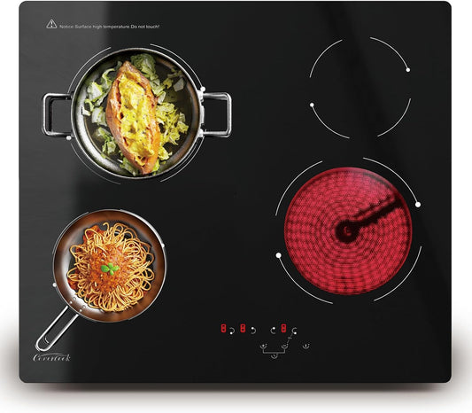 COVERCOOK Elektrische keramische kookplaat 60 cm kookplaat, ingebouwde kookplaat zwart glas kookplaat, 4 kookzones aanrecht met aanraakbediening, 6000 W, timer, kinderslot, 9 vermogensniveaus, harde