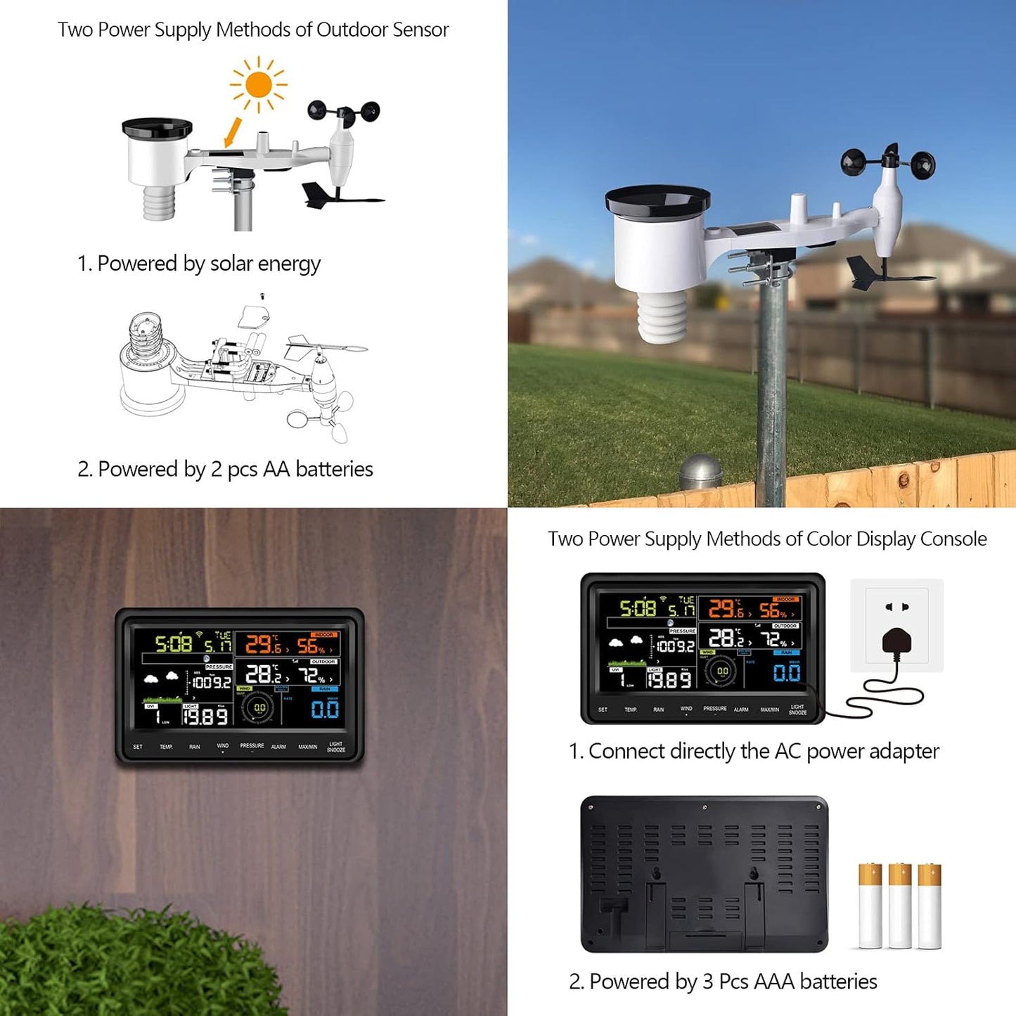 Ecowitt Weerstation met wifi, professioneel digitaal weersvoorspellingsstation met groot kleurendisplay, 7-in-1 sensor, werkt op zonne-energie, voor binnen, 3-in-1, geïntegreerde sensor, WS2910