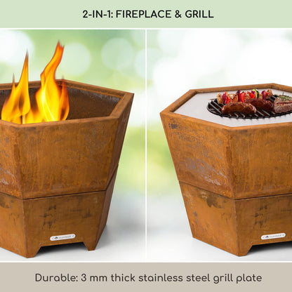 Blumfeldt Vuurschaal met grillrooster, outdoor stalen rooster, groot voor balkon en camping, mobiele vuurschaal 60 cm, weerbestendige zeshoekige plaats