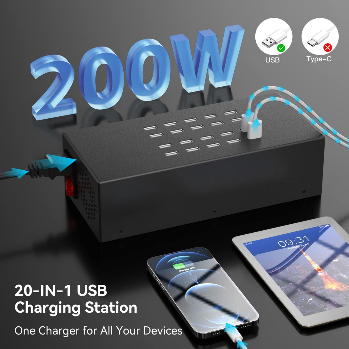 Laadstation voor meerdere apparaten, 20-poorts 200W/40A USB-laadstation, 20-in-1 USB-oplaadhub, meerdere USB-laadstations voor iPhone, iPad, Samsung, tablets en andere elektronica