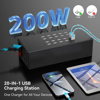 Laadstation voor meerdere apparaten, 20-poorts 200W/40A USB-laadstation, 20-in-1 USB-oplaadhub, meerdere USB-laadstations voor iPhone, iPad, Samsung, tablets en andere elektronica
