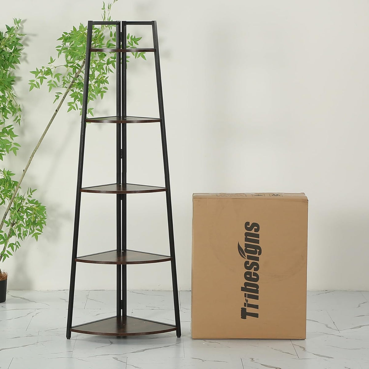 Tribesigns 70" Tall Corner Shelf, 5 Tier Rustic Corner Bookshelf Industrial Corner Ladder Shelf Small Bookcase Plant Stand for Living Room, Kitchen, Home Office