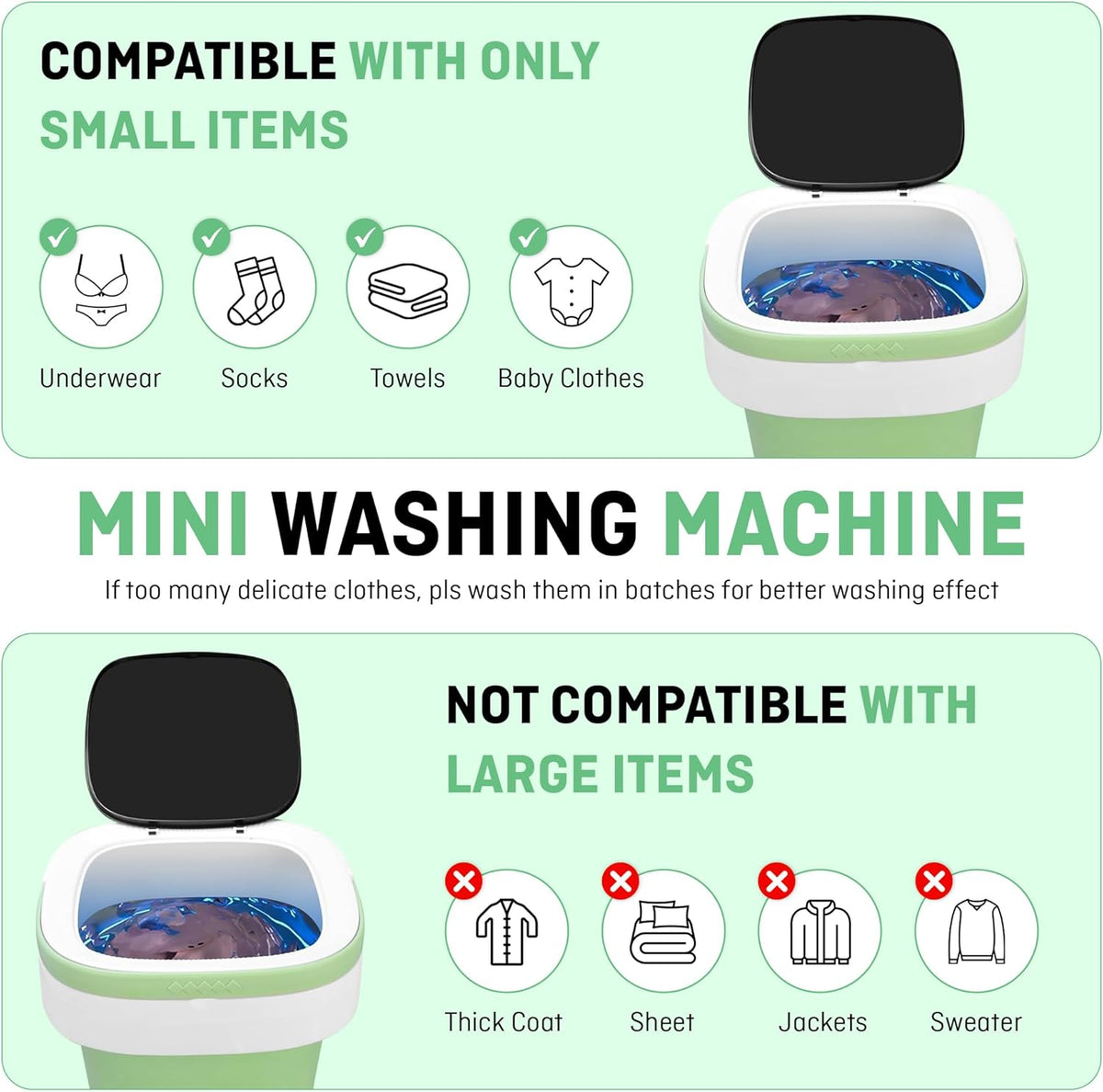Draagbare Miniwasmachine, Hoogste Lading, Groen, 12L, Hoog rendement - QUORE