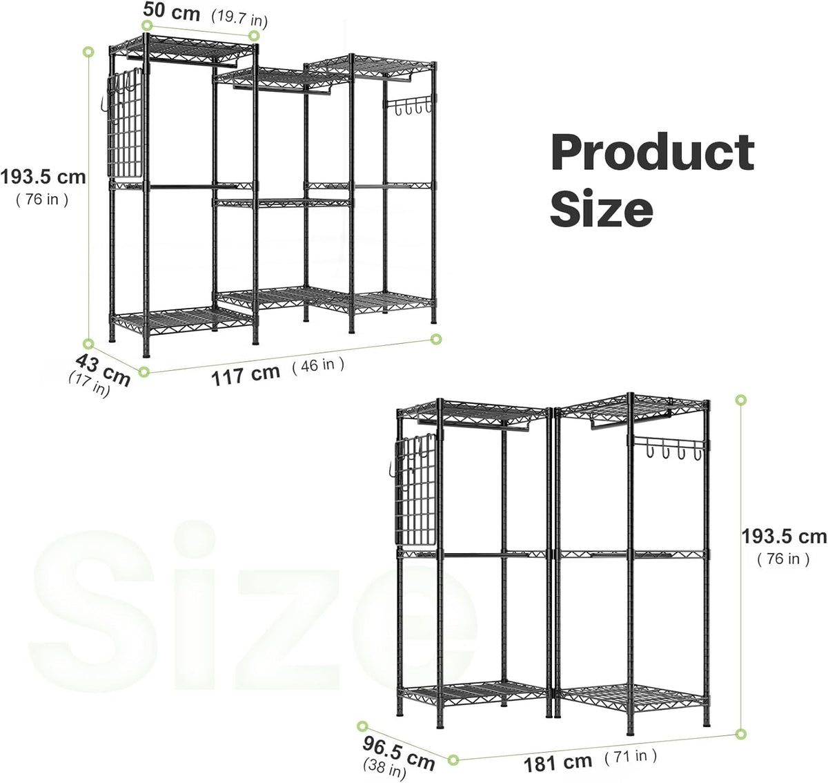 HOKEEPER Draagbare kledingkast, robuuste kledingstandaard, vrijstaande kledingstangen, verstelbare kastplanken, 177 cm L x 43 cm B x 193,5 cm H, maximale draagkracht 725 kg, zwart