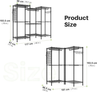 HOKEEPER Draagbare kledingkast, robuuste kledingstandaard, vrijstaande kledingstangen, verstelbare kastplanken, 177 cm L x 43 cm B x 193,5 cm H, maximale draagkracht 725 kg, zwart