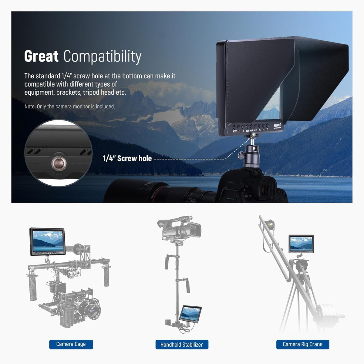 NEEWER F100 7 Inch Camera Field Monitor, 450nit HD Video Assist IPS 1280x800 HDMI 1080p met piekfocus/histogram/F750 batterij, 360° kogelkop voor DSLR's, Handheld Stabilisator, Film Video Making Rig