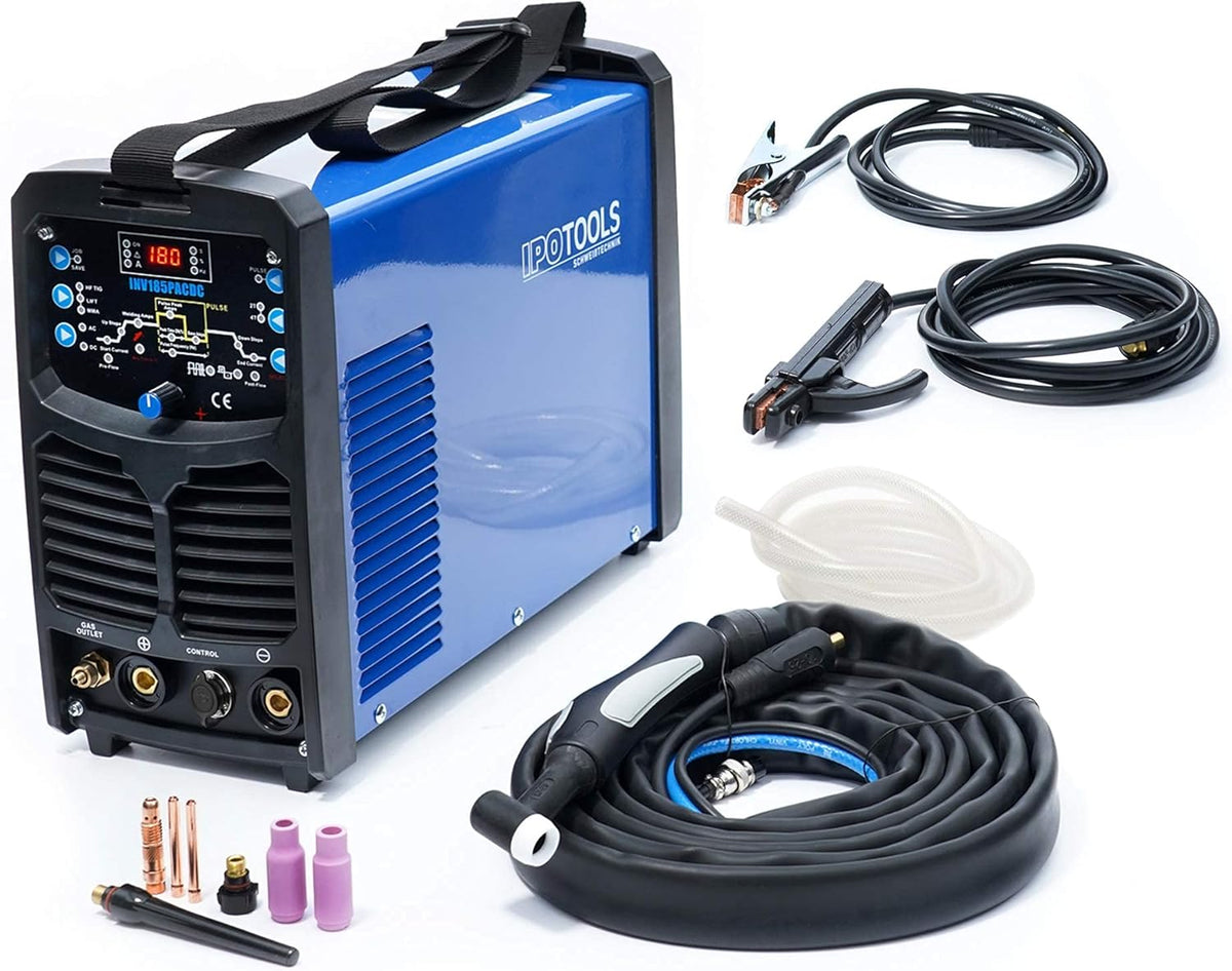 IPOTOOLS INV185PACDC WIG Lasapparaat, AC/DC, 180 ampère, volledig digitaal, Inverter-lasapparaat, inclusief HF-ontsteking, pulsfunctie, aluminium lassen, MMA, IGBT, 7 jaar garantie