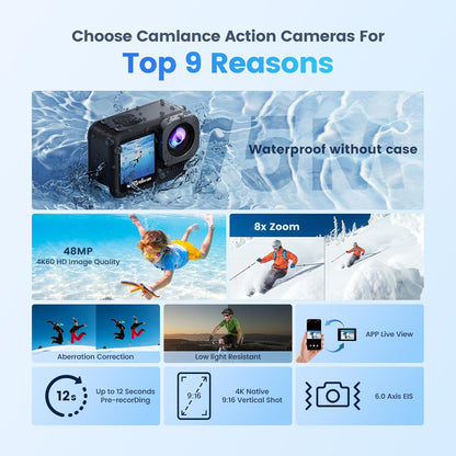 4K60FPS Actiecamera waterdicht, 10 m kale onderwatercamera met 64 GB kaart, 8x zoom touchscreen sportcamera, 6-assige EIS 64MP helmcamera, afstandsbediening, vervormingscorrectie 2 x 1350 mAh.