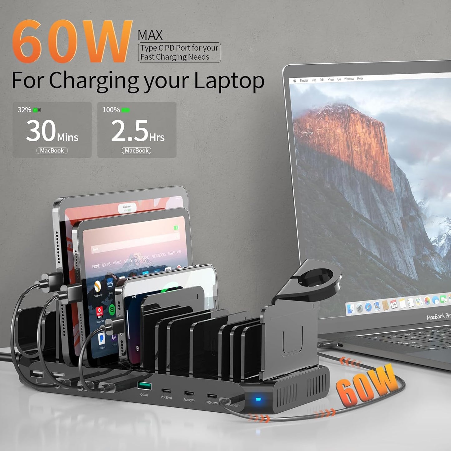 Alxum 140W USB C oplaadstation-10 Port Fast Tablet oplaadstation met QC 3.0 & PD 60W + 45W + 30W, Multi oplaadstation met verstelbare verdelers compatibel voor laptop, iPad, tablet, iwatch