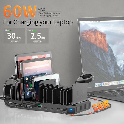Alxum 140W USB C oplaadstation-10 Port Fast Tablet oplaadstation met QC 3.0 & PD 60W + 45W + 30W, Multi oplaadstation met verstelbare verdelers compatibel voor laptop, iPad, tablet, iwatch