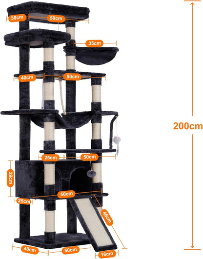 Krabpaal Kat – Krabmeubel – Klimpaal – Kattenboom – Krabton – 200 cm Hoog – XXL Ligplekken & 11 Sisal Krabpalen – Bruin-Beige - QUORE