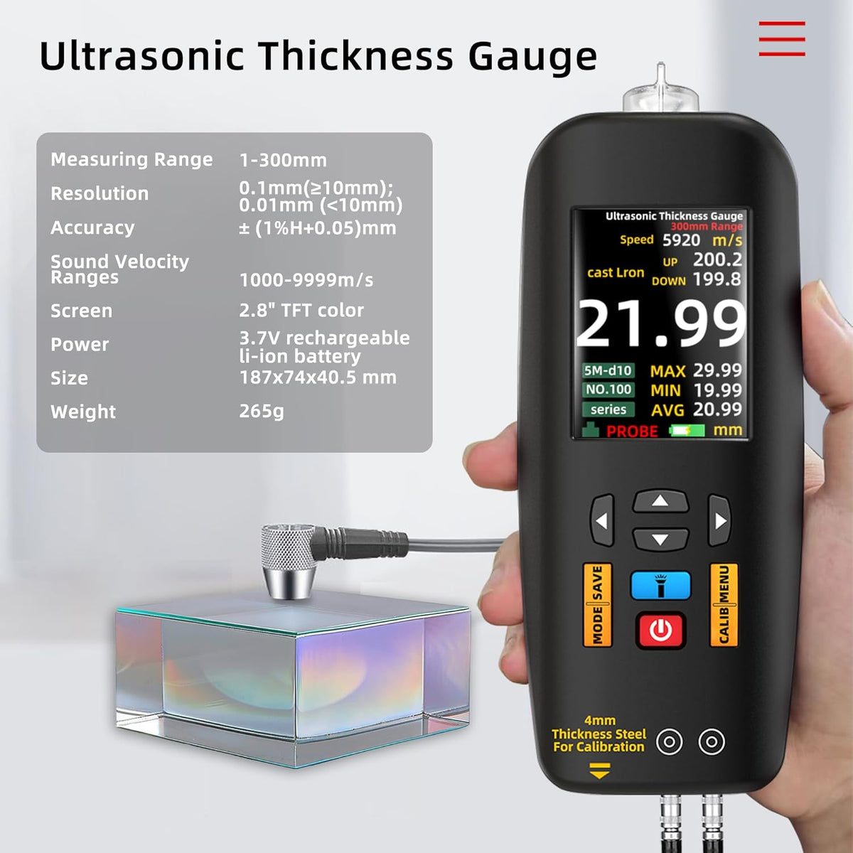BSIDE Ultrasone diktemeter, 1-300 mm, oplaadbaar, 7,1 cm, lcd-kleur-metaaldikte, met sonde voor metalen materialen