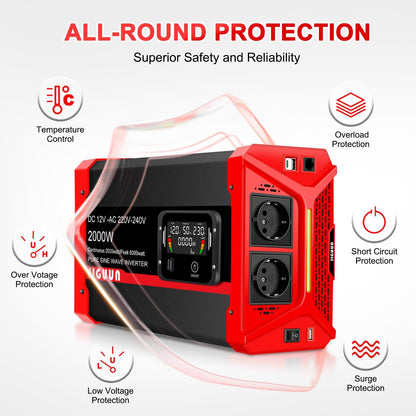 JIGUUN 2000W Omvormer 12V 230V Zuivere sinus Converter inverte met 2 EU stopcontacten & 3 USB+Tycp-C poorten, afneembare afstandsbediening en LCD display Piekvermogen 6000W