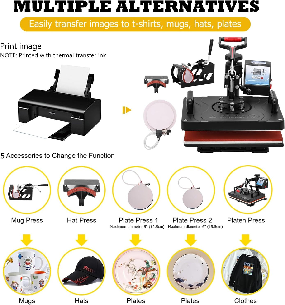 Transferpers, hittepers, 360 graden, 29 x 38 cm, draaibaar, doe-het-zelf, multifunctionele sublimatie, warmtepers, transferdrukmachine voor T-shirts, hoeden, tassen, tegels, EU-stekker (5-in-1