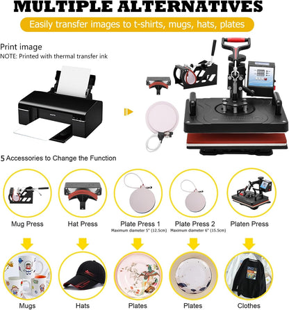Transferpers, hittepers, 360 graden, 29 x 38 cm, draaibaar, doe-het-zelf, multifunctionele sublimatie, warmtepers, transferdrukmachine voor T-shirts, hoeden, tassen, tegels, EU-stekker (5-in-1